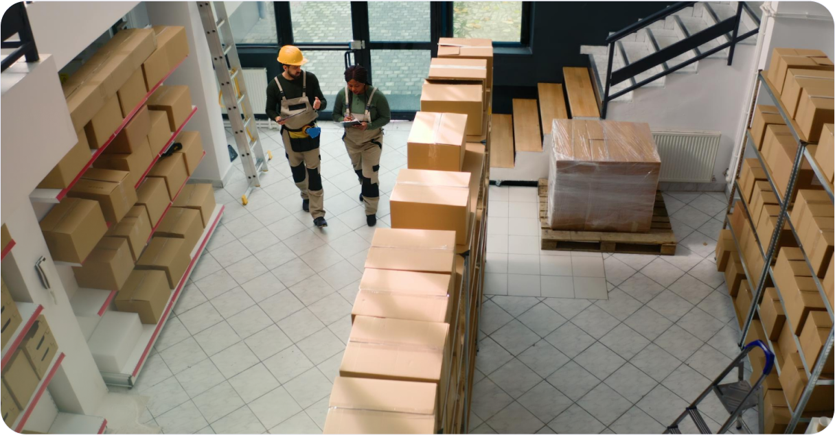 RouteMagic route planner dashboard showing delivery optimization with warehouse workers managing packages and real-time logistics