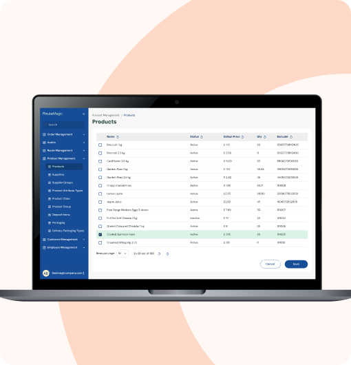 Back Office Operations: RouteMagic back office dashboard on laptop showing customer-specific pricing and credit control management with product catalog