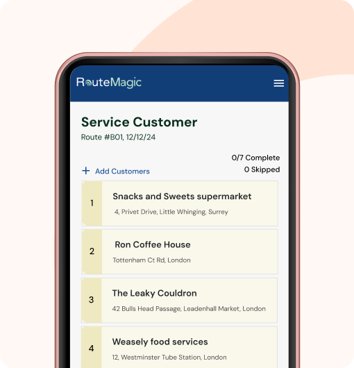 Van Salesman Enroute: RouteMagic mobile van sales app on smartphone displaying some site visit summary showing real-time invoicing and payment collection features