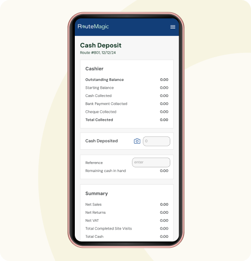 Van Salesman End of-Day: RouteMagic mobile app displaying detailed delivery invoice with itemized products, quantities, prices, and customer digital signature capture for ePOD